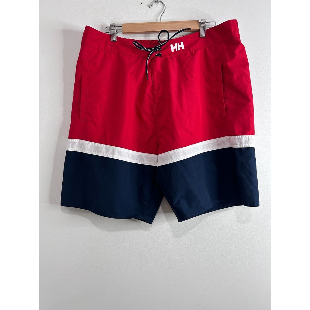 Helly Hansen Mens Red Navy Colorblock Swim Trunks Board Shorts Size 38 HH Beach